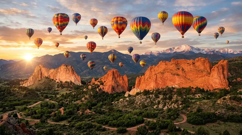 Hot air balloons over Garden of the Gods red rock formations at sunrise, Colorado Springs