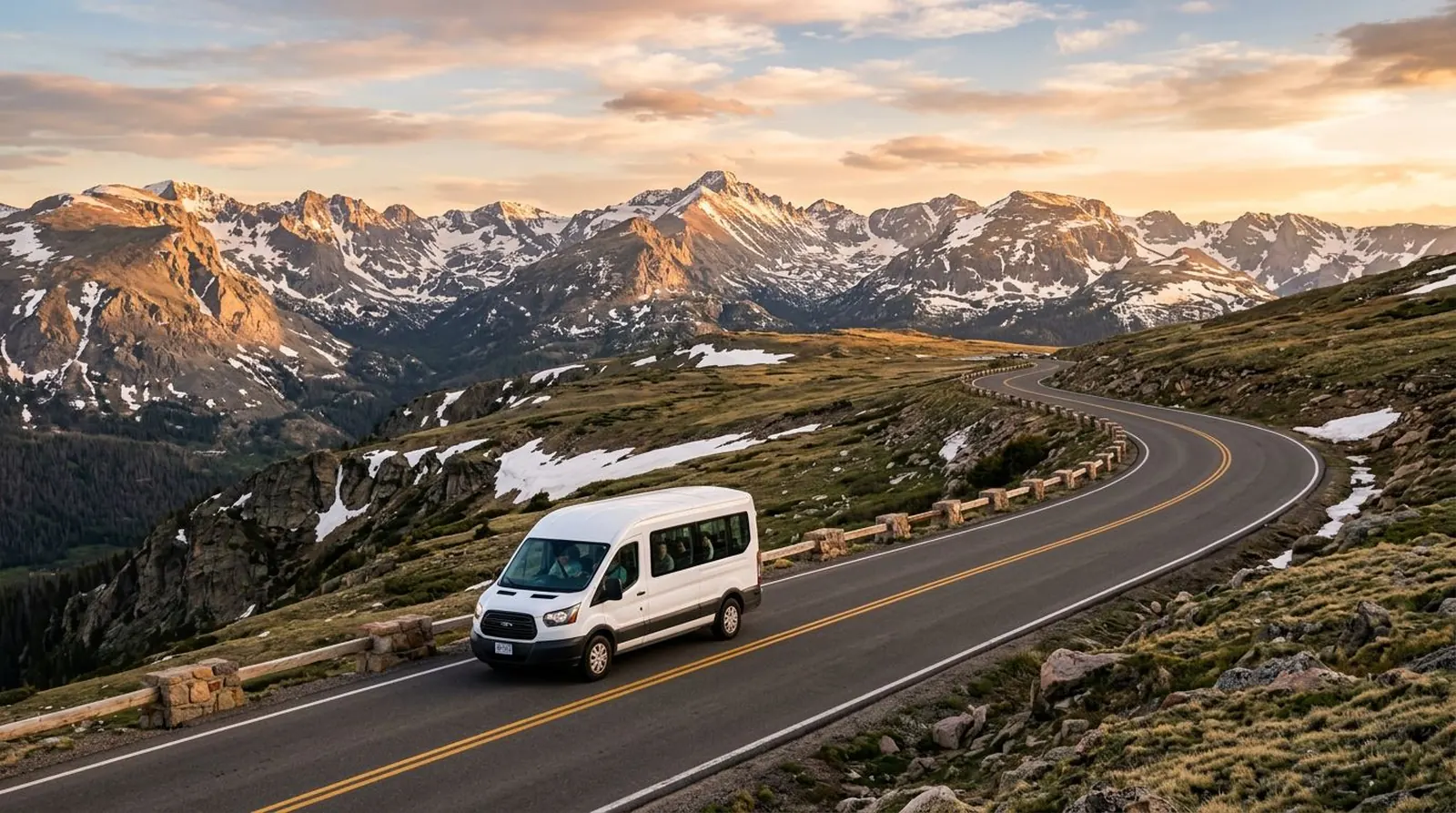 White tour van on Trail Ridge Road above treeline in Rocky Mountain National Park at golden hour