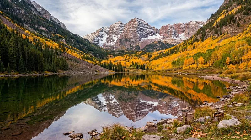 Maroon Bells reflected in Maroon Lake with golden fall aspens near Aspen, Colorado