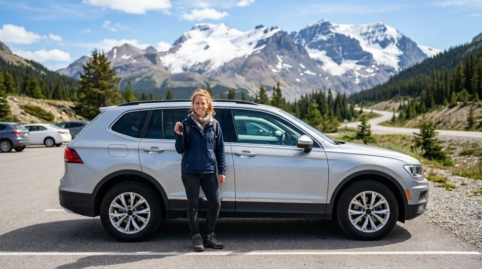 Smiling traveler holding car keys beside a silver rental SUV with snowy Rocky Mountain peaks behind