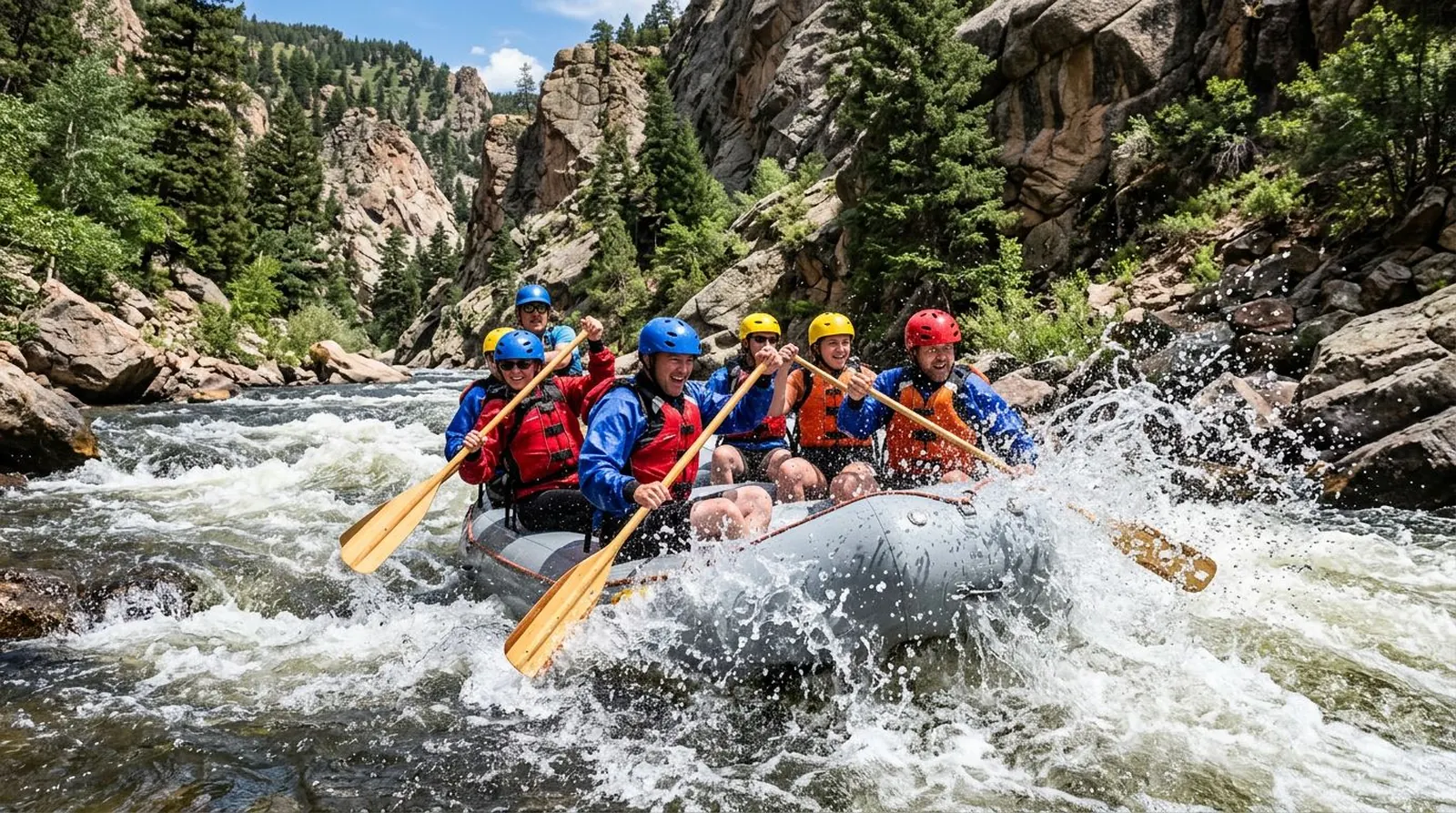 Rafters in helmets and life jackets paddling through whitewater rapids on Clear Creek, Colorado