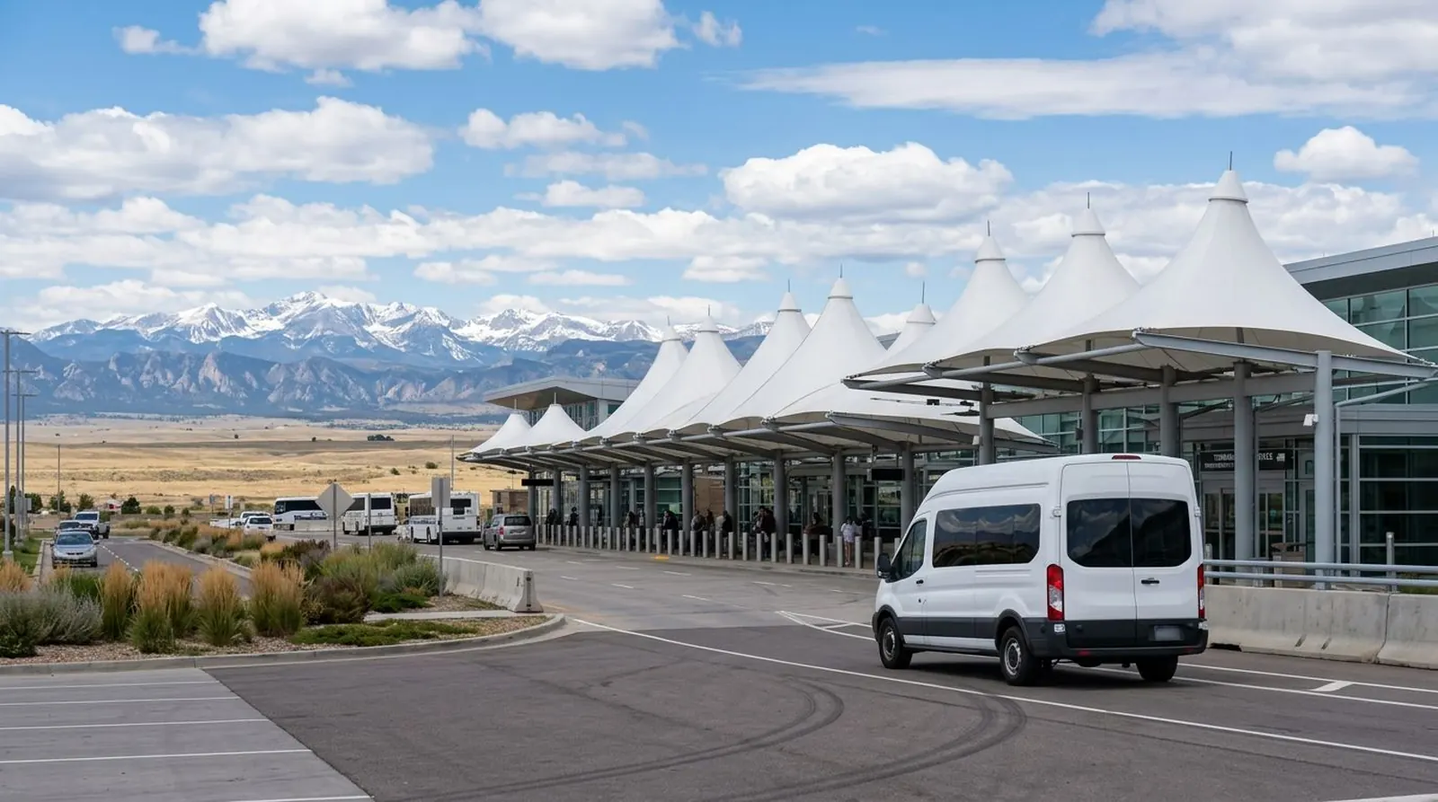 Shuttle van leaving the Denver airport terminal with the Rocky Mountains in the distance