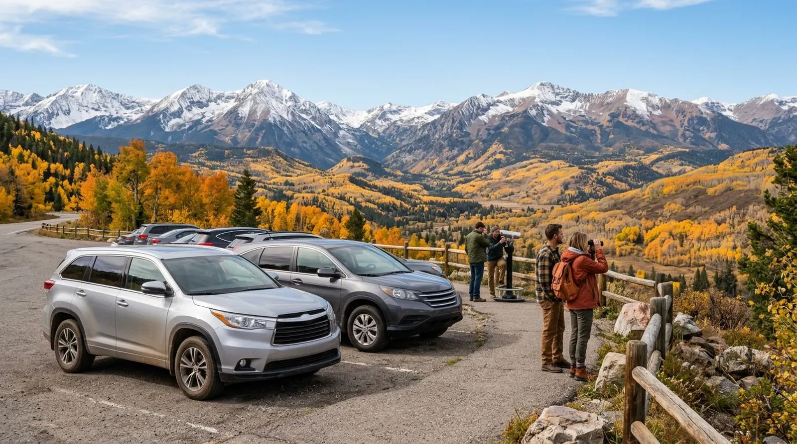 Rental SUVs parked at a Colorado mountain overlook among golden fall aspens